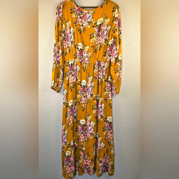 KORI America Boutique Floral Golden Yellow Dress Boho Romantic Tie-Neck ā Size L - Picture 9 of 17